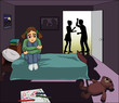 Girl sitting in her room hearing her parents fighting