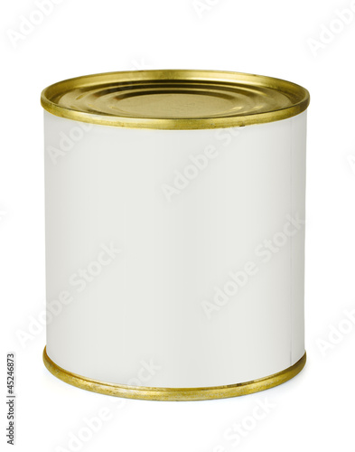 Photo: Tin can with blank white label Tin can with blank white label