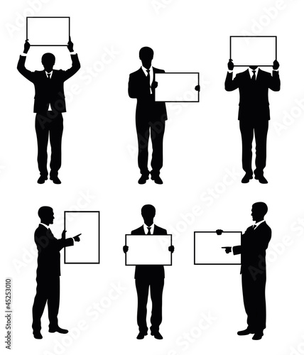 Vector: Set of silhouettes of a businessman holding a board. Set of silhouettes of a businessman holding a board.