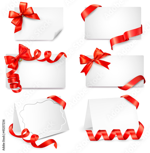 Vector: Set of beautiful cards with red gift bows with ribbons Set of beautiful cards with red gift bows with ribbons