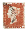 Victorian GB Penny Red mail stamp on white, circa 1845