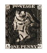 Victorian GB Penny Black mail stamp on white, circa 1840