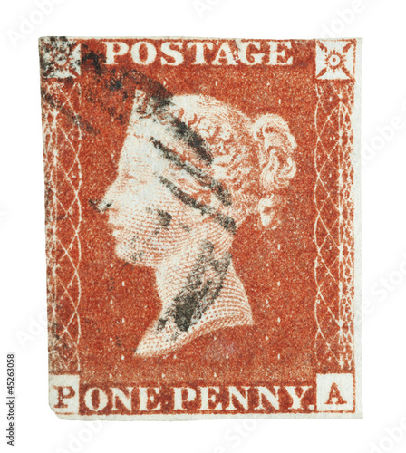 Photo: Victorian GB Penny Red mail stamp on white, circa 1845 Victorian GB Penny Red mail stamp on white, circa 1845