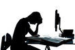 one young teenager boy  girl silhouette studying with computer c