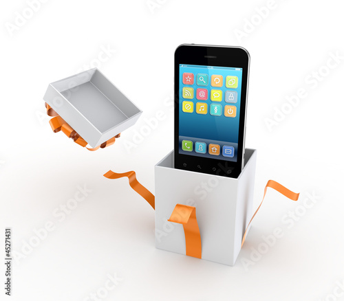 Illustration: Mobile phone in a gift box. Mobile phone in a gift box.