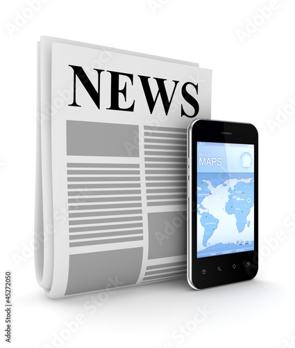 Photo: Stylized newspaper and modern mobile phone. Stylized newspaper and modern mobile phone.