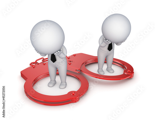 Illustration: Sad 3d small people, handcuff and red sand glass. Sad 3d small people, handcuff and red sand glass.