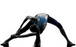 woman exercising yoga stretching legs warm up