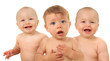 Three babies, boy in front, two girls behind him.