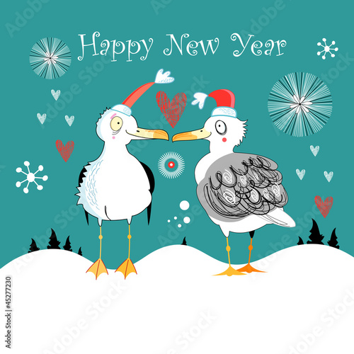 Vector: Winter card with funny gulls Winter card with funny gulls