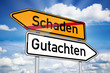 Wegweiser mit Schaden und Gutachten
