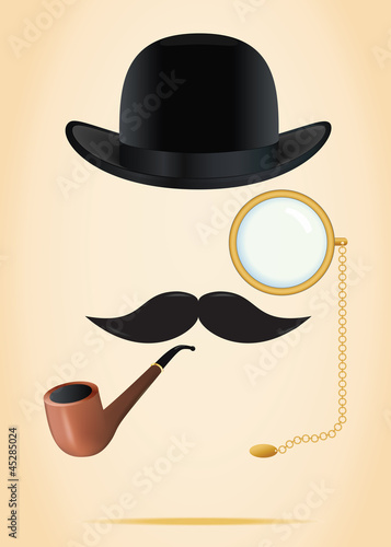 Vector: Retro elements set: bowler, moustache, tobacco pipe and monocle Retro elements set: bowler, moustache, tobacco pipe and monocle