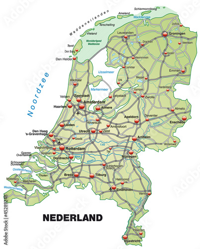 Illustration: Inselkarte der Niederlande mit Autobahnen und Hauptstädten Inselkarte der Niederlande mit Autobahnen und Hauptstädten