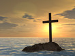 Conceptual cross on a rock in the sea at sunset