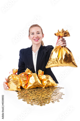 Photo: Woman with coins and golden sacks Woman with coins and golden sacks