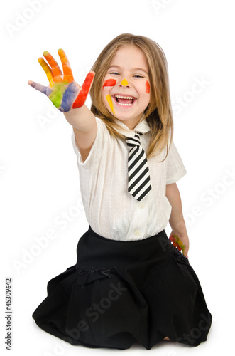 Photo: Cute girl with paint on white Cute girl with paint on white