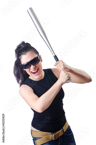 Photo: Woman criminal with bat on white Woman criminal with bat on white