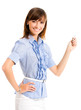 Cheerful businesswoman showing, over white