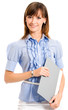 Cheerful businesswoman with folder, over white