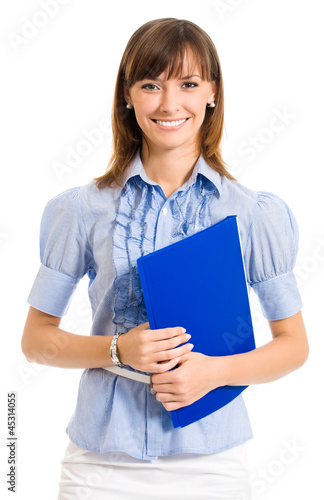 Photo: Cheerful businesswoman with folder, over white Cheerful businesswoman with folder, over white