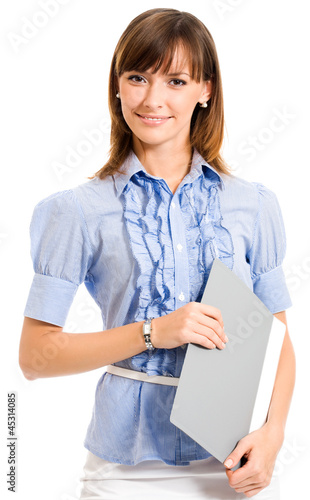 Photo: Cheerful businesswoman with folder, over white Cheerful businesswoman with folder, over white