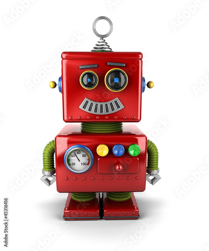 Illustration: Little robot smiling over white background Little robot smiling over white background