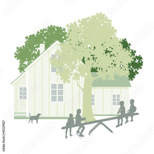 Vector: Garten mit Wohnhaus und Kinder Garten mit Wohnhaus und Kinder