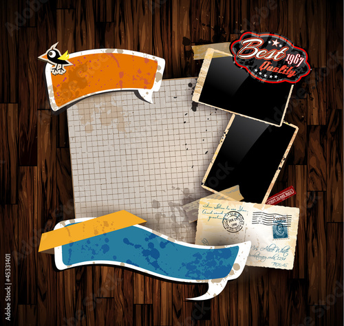Vector: Vintage scrapbook composition with wood background Vintage scrapbook composition with wood background