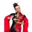 Woman in traditional dress with sushi