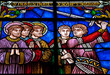 Stained glass with knight and saints