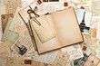 old papers, french post cards and open diary book