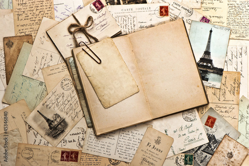 Obraz w ramie old papers, french post cards and open diary book