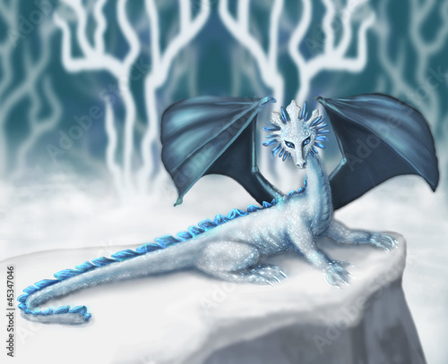 Illustration: White Dragon in the winter woods White Dragon in the winter woods