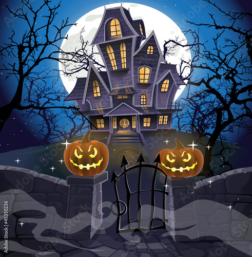 Vector: Happy Halloween cozy haunted house behind a stone wall Happy Halloween cozy haunted house behind a stone wall