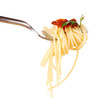 Delicious spaghetti on a fork close-up on white background