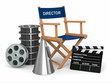Movie industry. Producer chair, ñlapperboard and film reelsl.