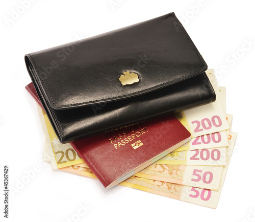 Photo: Black wallet, passport and Euro banknotes isolated on white Black wallet, passport and Euro banknotes isolated on white
