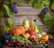 Fruits and vegetables with pumpkins in autumn still life