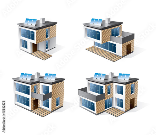 Vector: Isolated 3d vector icons of modern family houses. Isolated 3d vector icons of modern family houses.