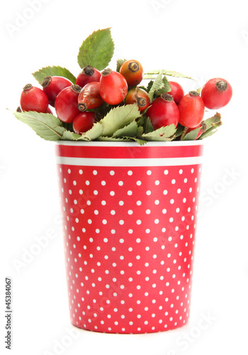 Photo: ripe hip roses with leaves in cup, isolated on white ripe hip roses with leaves in cup, isolated on white
