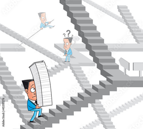 Vector: Businessman lost in the bureaucracy maze Businessman lost in the bureaucracy maze