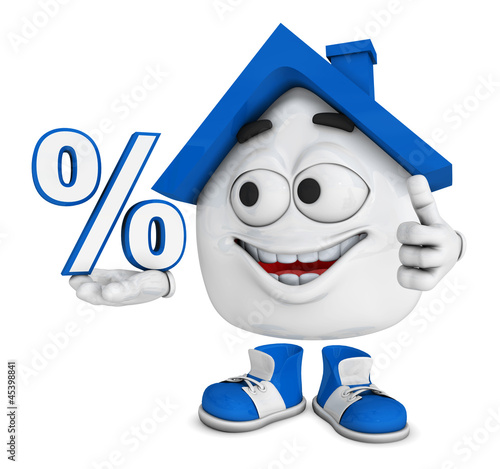 Illustration: Kleines 3D Haus Blau - Prozent Symbol Kleines 3D Haus Blau - Prozent Symbol