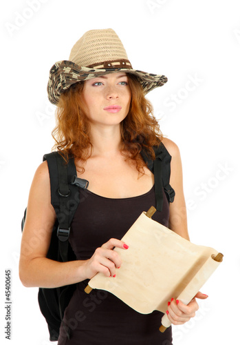 Photo: Beautiful girl traveling and looking for a way isolated on Beautiful girl traveling and looking for a way isolated on
