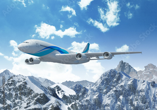 Illustration: White passenger plane above the mountains White passenger plane above the mountains