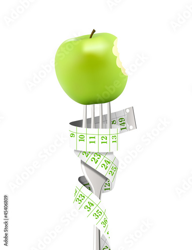 Vector: Mètre vert, fourchette, pomme croquée Mètre vert, fourchette, pomme croquée