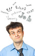 A portrait of a young comic businessman lost in thoughts