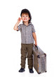 Photo: Portrait of little boy posing on white background with bag Portrait of little boy posing on white background with bag