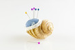 pincushion in shell with pins isolated horizontal