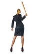 Businesswoman with baseball bat on white
