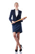 Businesswoman with baseball bat on white